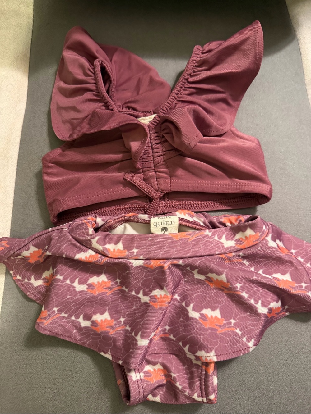 kate quinn Girls Two-Piece Floral Ruffle Bikini in Mauve and Coral
